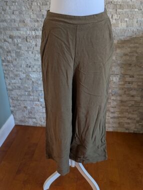 Linen Blend Green Gaucho Capri Cropped Wide Leg Pants High Rise Size S Beach Eco